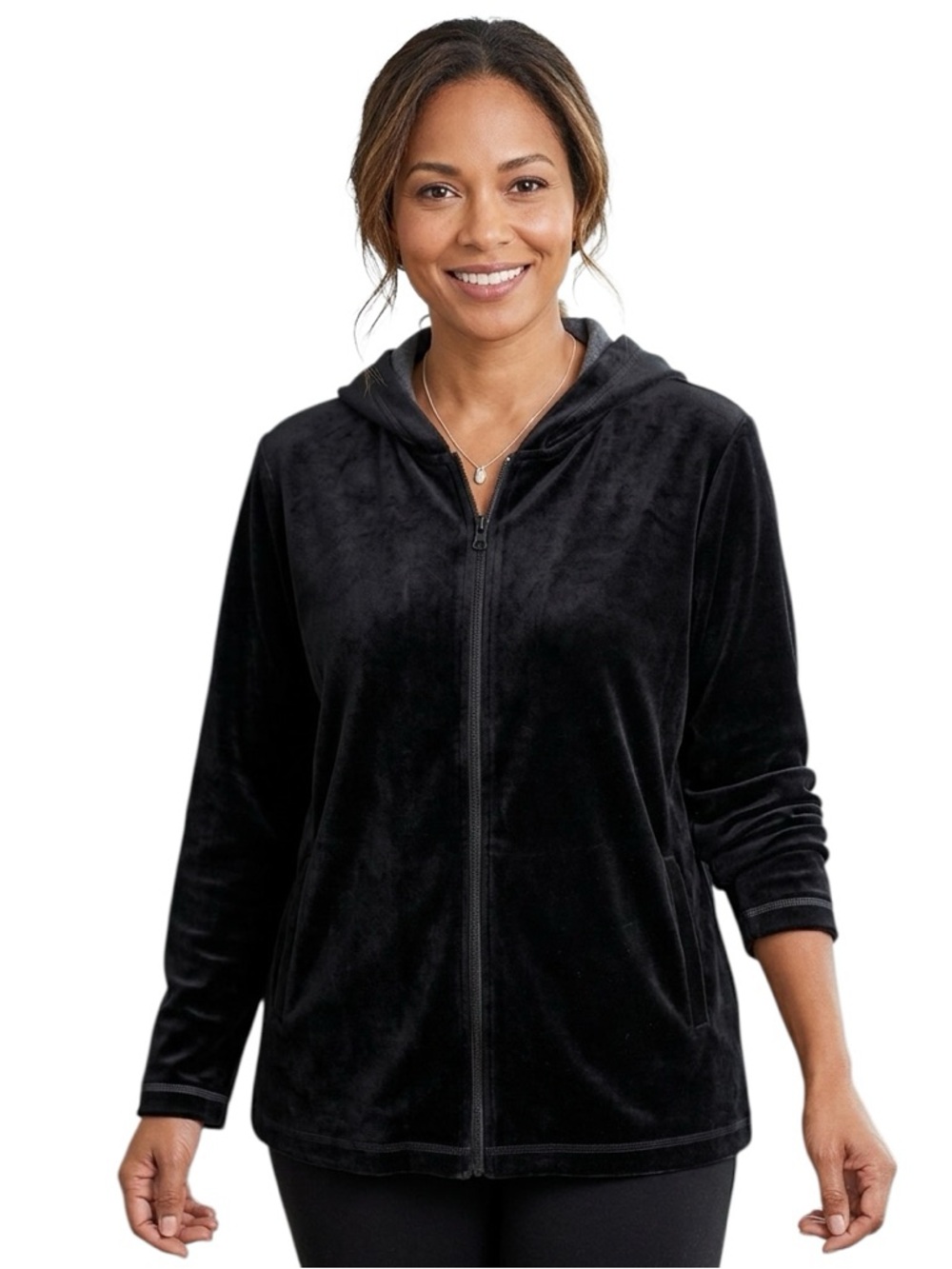 Style & Co Women's Zip Up Hoodie Jacket With Pockets Black Velvet Velour Size M